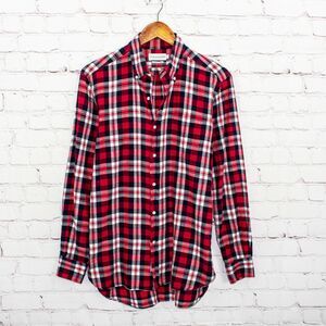 OVADIA & SONS Men's Button Down Shirt Cotton Red Blue Plaid Size Medium USA Made